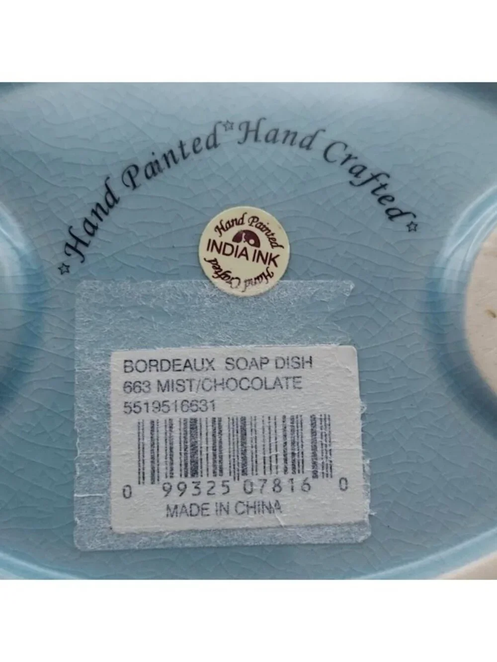 India Ink Bordeaux Hand Painted Ceramic Soap Dish Blue Mist & Chocolate Brown
